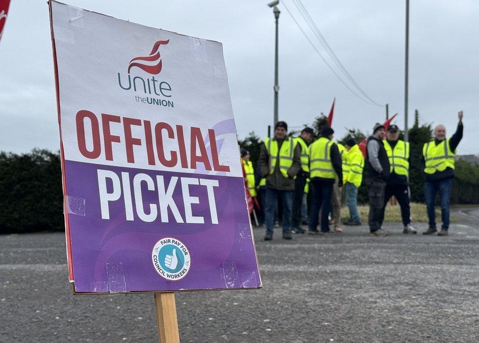 Workers on strike in Enniskillen