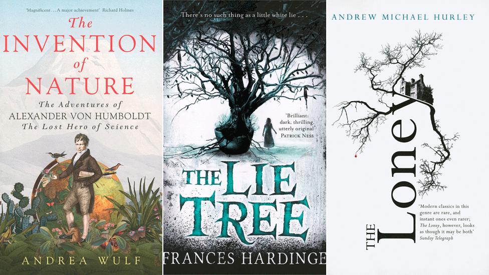 Book covers for The Invention of Nature, The Lie Tree and The Loney