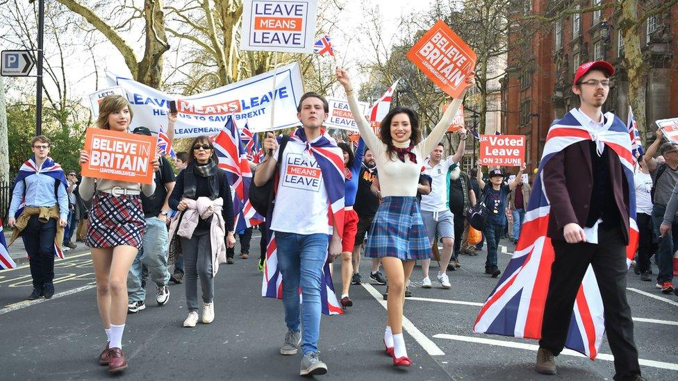 Sisters Beatrice Grant and Alice Grant joined the March to Leave protest as it makes its way through London