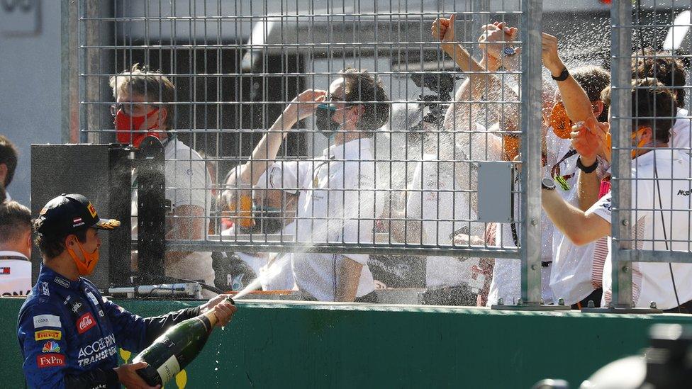 Lando left his first ever F1 trophy with his team in the garage as a thank you for their hard work