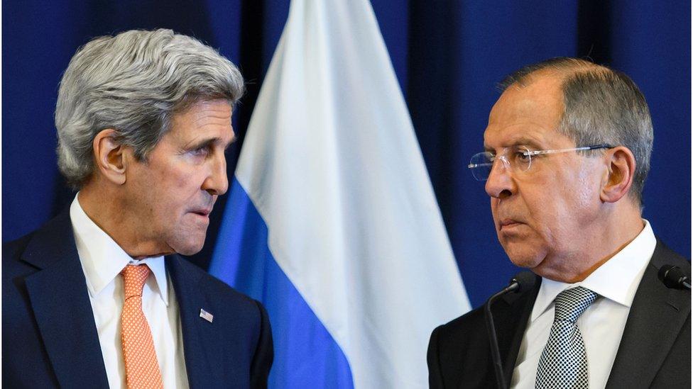 US Secretary of State John Kerry and Russian Foreign Minister Sergei Lavrov look toward one another during a press conference following their meeting in Geneva where they discussed the crisis in Syria on 9 September 2016.