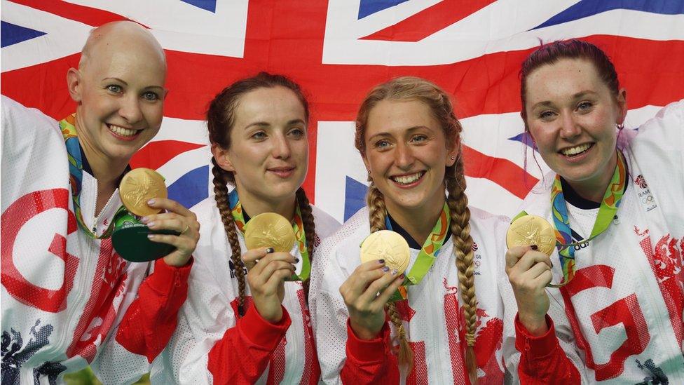 Gold medallists Joanna Rowsell-Shand, Elinor Barker, Laura Trott and Katie Archibald of Great Britain celebrate on the podium at the medal ceremony for the Women's Team Pursuit on Day 8 of the Rio 2016 Olympic Games