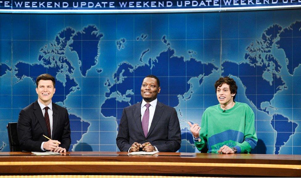 (L-R) Colin Jost, Michael Che and Pete Davidson on Saturday Night Live