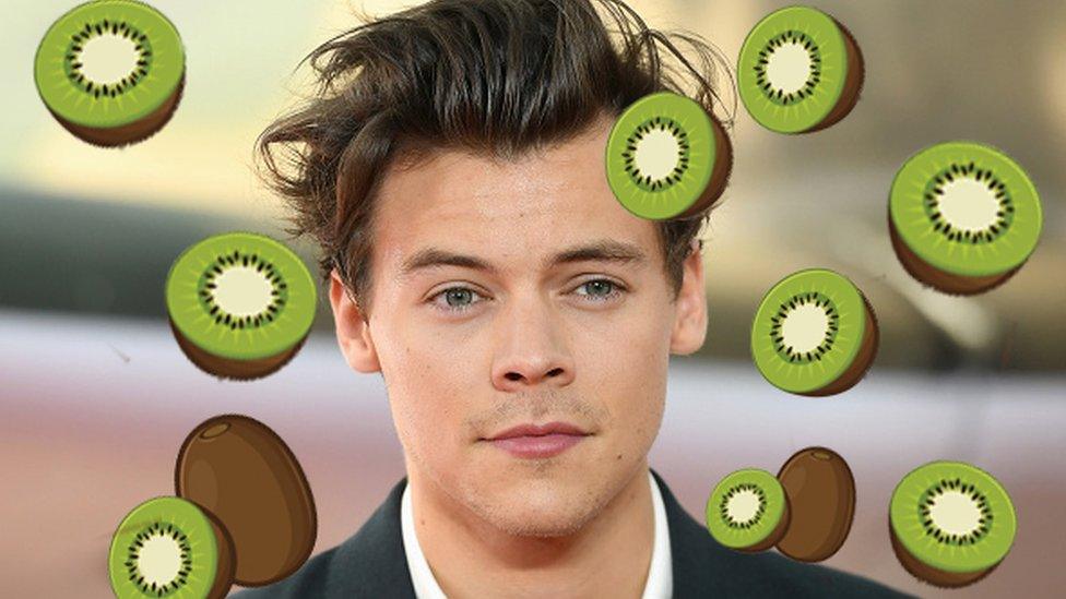 Harry Styles covered in emoji kiwi fruit