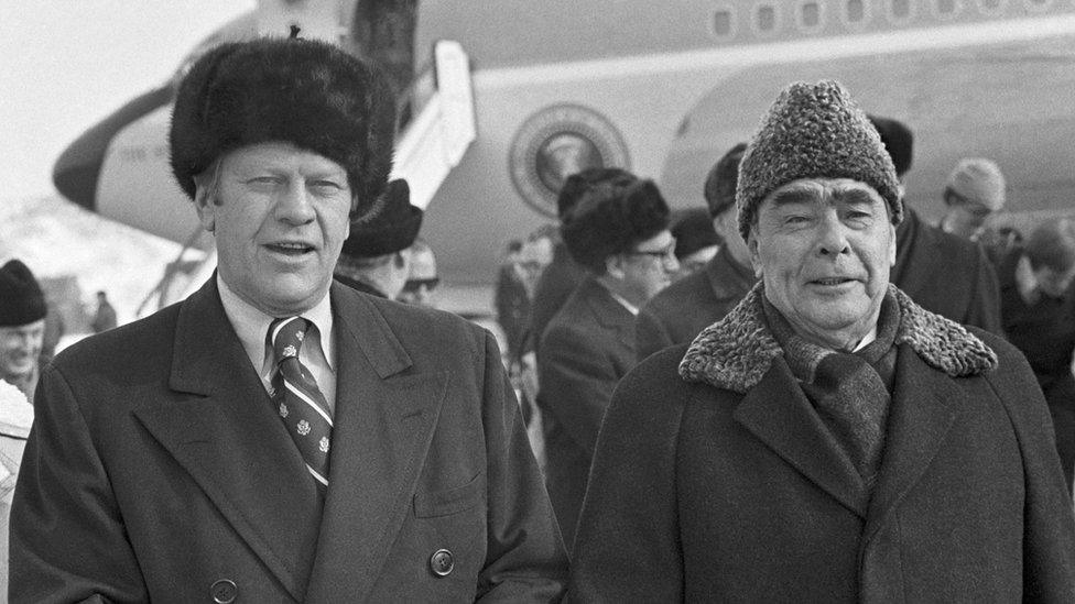 US President Gerald Ford and Soviet leader Leonid Brezhnev seen during the welcome ceremony at Vladivostok airport.