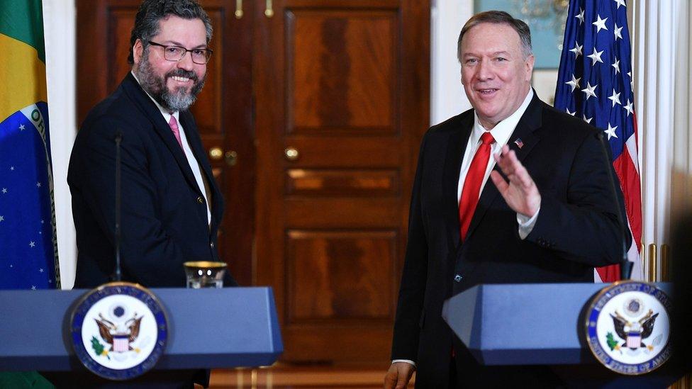 Brazilian foreign minister Ernesto Araujo and Mike Pompeo