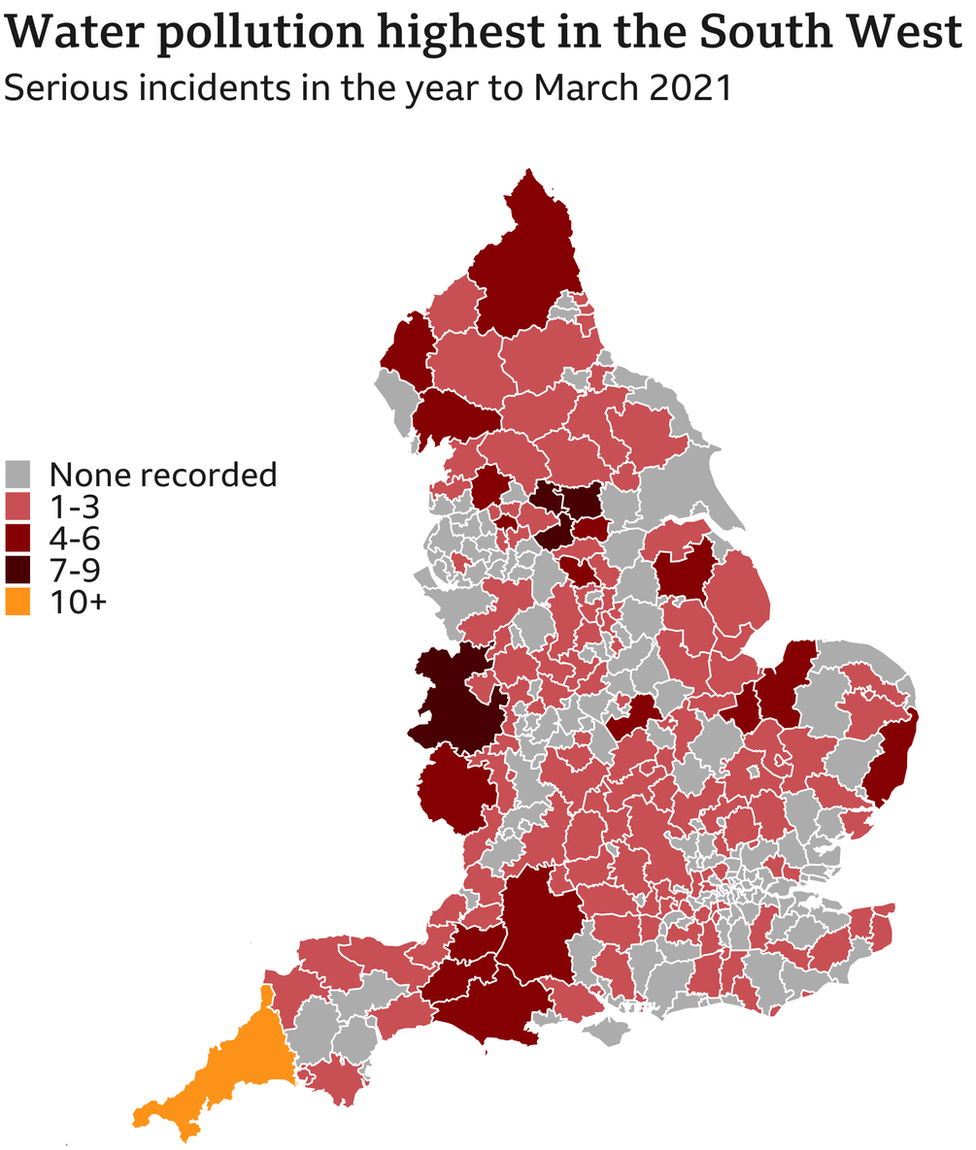 Map showing serious water pollution in England