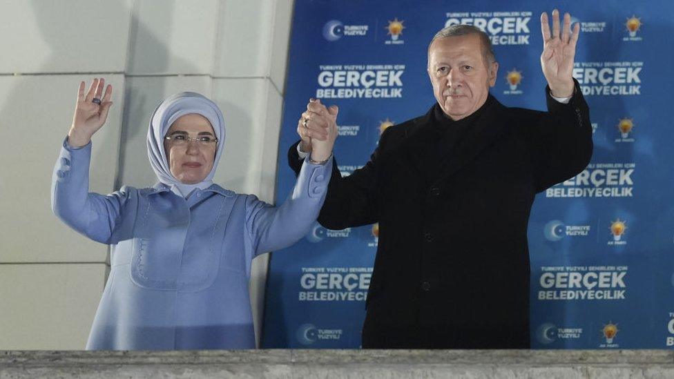 Turkish President and Leader of Justice and Development (AK) Party Recep Tayyip Erdogan addresses the public after the Turkish local elections, at AK Party Headquarters in Ankara, Turkiye on April 01, 2024