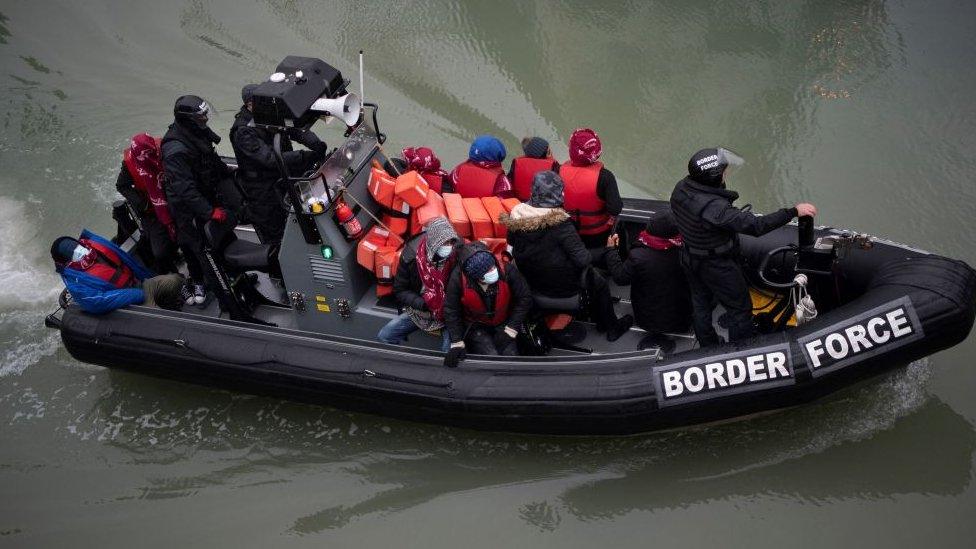 Border Force boat with migrants picked up at sea in the English Channel