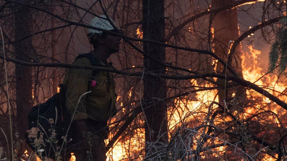 A firefighter stands next to a fire in Oregon, US