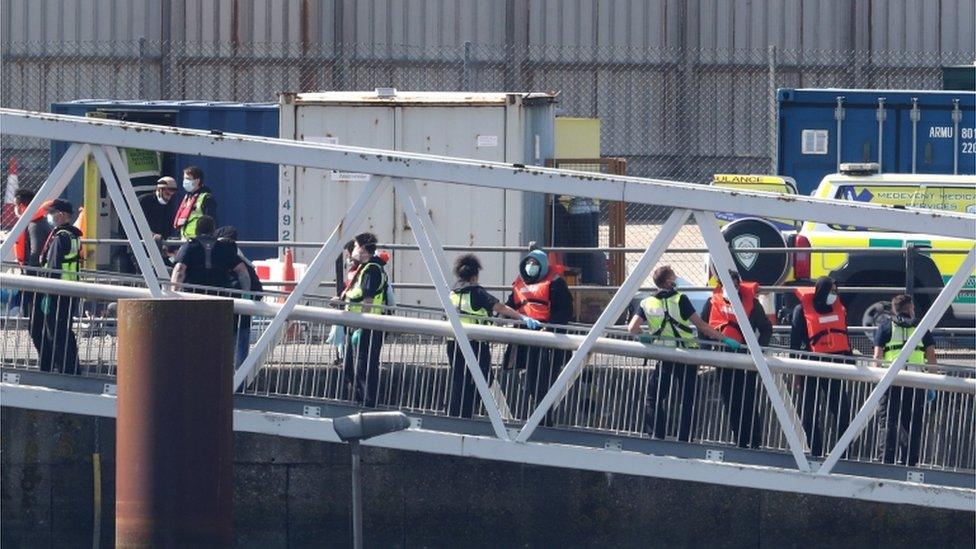 Migrants arriving at Dover on Saturday