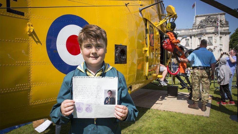 Harrison John James from the 1st St Mellons Scouts in Cardiff wanted to tell people at the RAF100 Aircraft Tour in Cardiff about his grandad, John James, who served in the RAF during the 1960s.