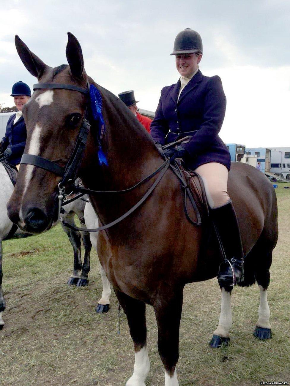 A picture of a horse and rider, posted on Twitter by Nicola Ainsworth, as part of the #blueforBonnie campaign