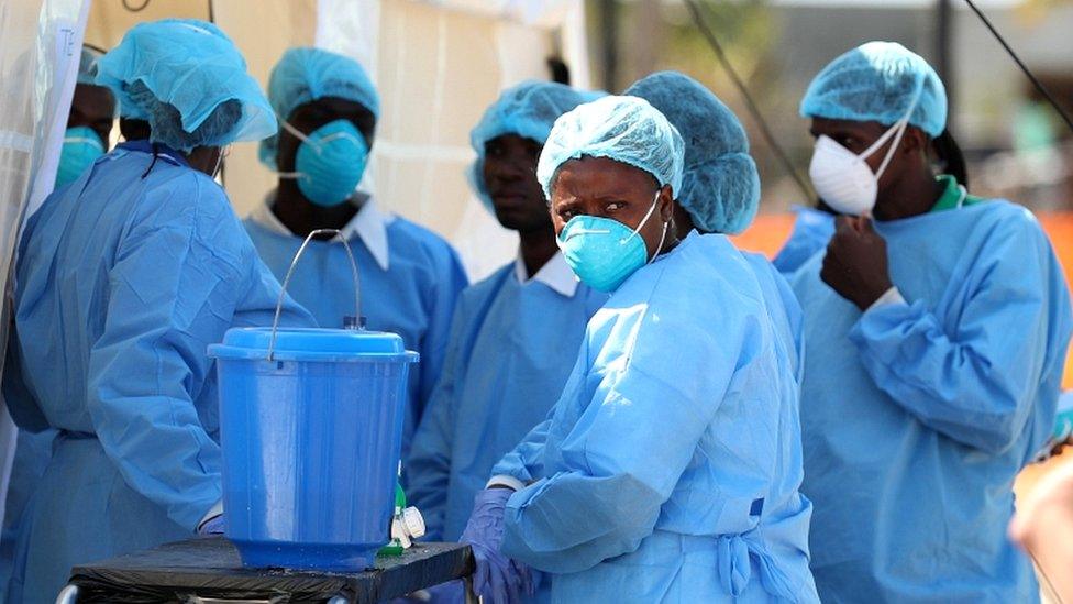 Medical staff wait to treat patients at a cholera centre set up in the aftermath of Cyclone Idai in Beira, Mozambique, March 29, 2019.