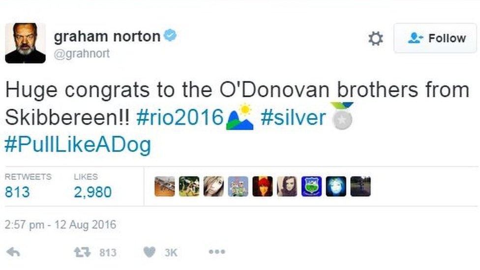 Tweet from Graham Norton about the O'Donovan brothers: "Huge congrats to the O'Donovan brothers from Skibbereen!! #rio2016 #silver #PullLikeADog"