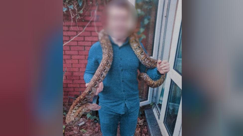 Missing snake around man's shoulders