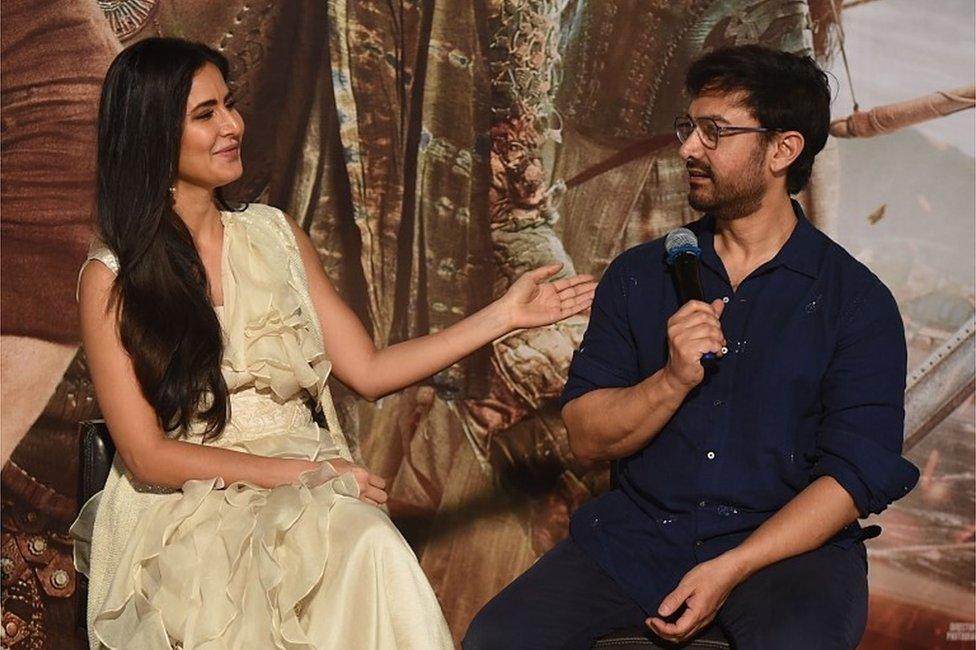 In this file photo taken on September 27, 2018 Indian Bollywood actors Katrina Kaif (L) and Aamir Khan (R) attend the trailer launch event for the Indian film "Thugs of Hindostan" in Mumbai