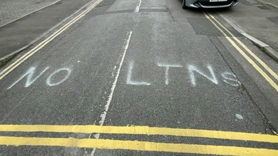 "No LTNs" spray painted on a road in East Oxford