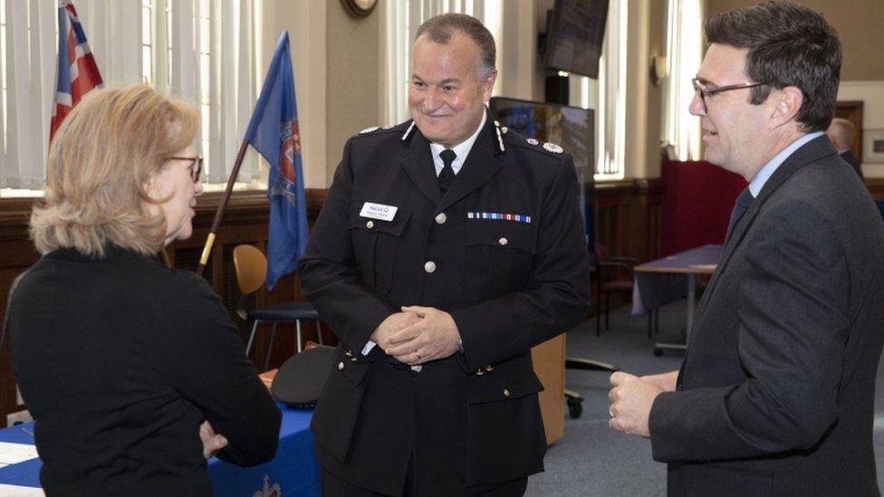 Stephen Watson (centre) alongside Beverley Hughes, Deputy Mayor for Policing, Crime, Criminal Justice and Fire, and Mayor of Greater Manchester Andy Burnham, as he is sworn i