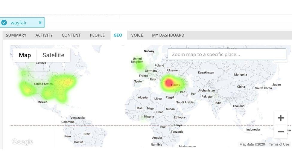 The global spread of the term Wayfair on Twitter