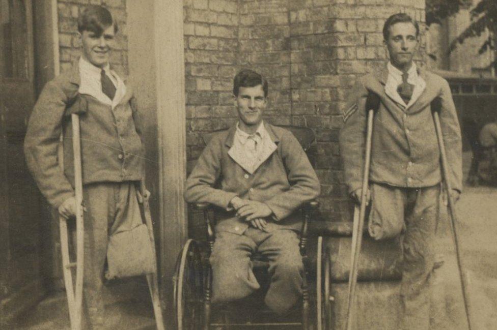 Albert Clay (far right) and two other patients outside Brighton Pavilion