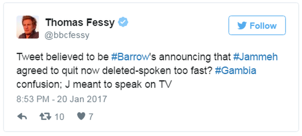 A tweet reads: "Tweet believed to be #Barrow's announcing that #Jammeh agreed to quit now deleted-spoken too fast? #Gambia confusion; J meant to speak on TV"