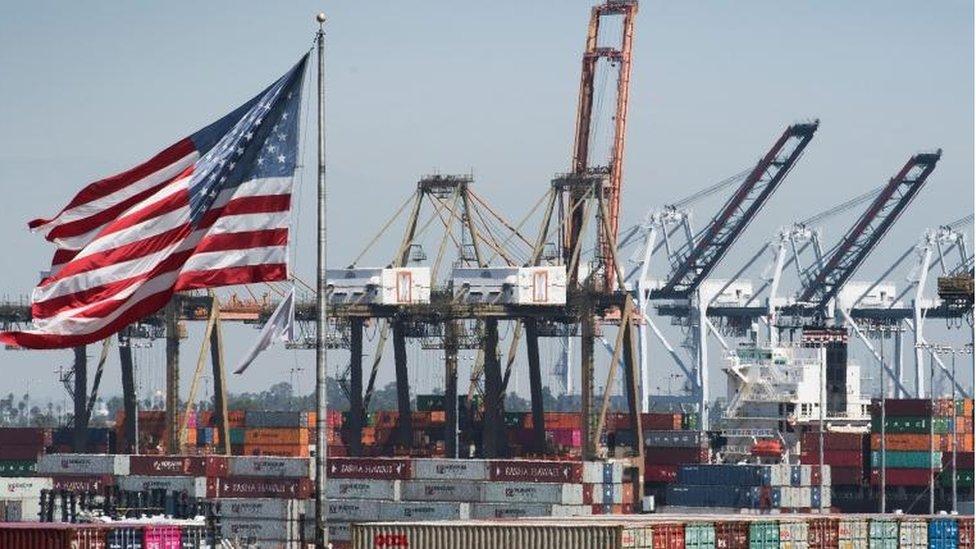 US flag flies at the port of Los Angeles