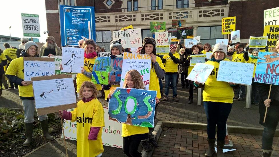 Objectors to the M4 relief road stage a protest before the start of the public inquiry