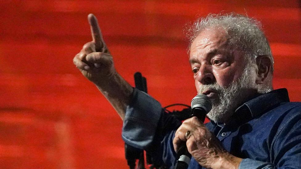 Luiz Inacio Lula da Silva speaks at an election night gathering