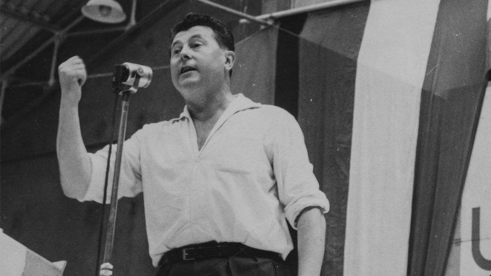 Pierre Poujade, Leader of the Trades Peoples Party, addressing some of his followers at a Congress in Angers in 1958