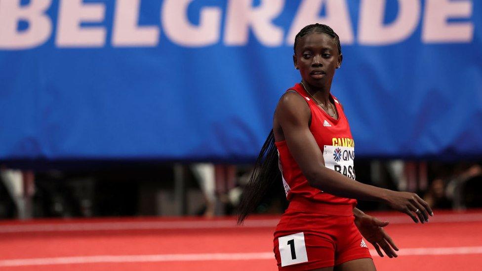 Gina Bass of The Gambia GAM looks on during the Women's 60 Metres Heats on Day One of the World Athletics Indoor Championships Belgrade 2022 at Belgrade Arena on March 18, 2022