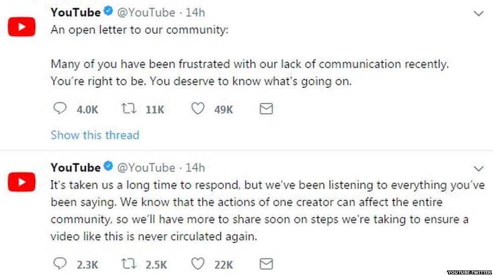 Screenshot of YouTube's twitter page and the statement it released