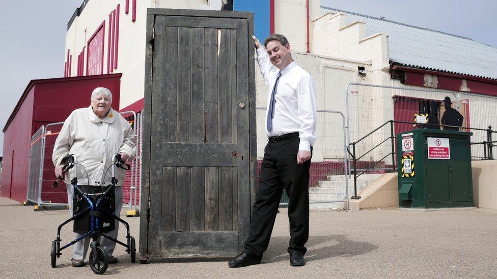 Joyce Dowding and Neil Bates with the original Larry Grayson door at The Regent in Redcar