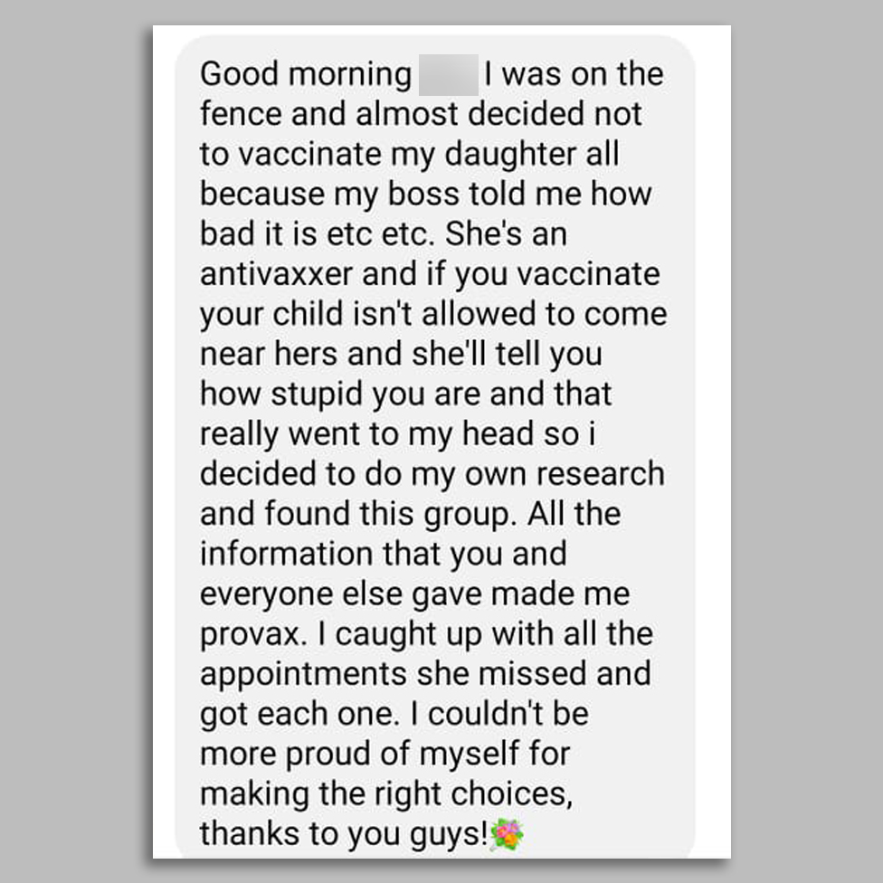 A long Facebook messages describes how someone who had been influenced by anti-vaccine posts online had their mind changed after speaking with people who supports vaccinations