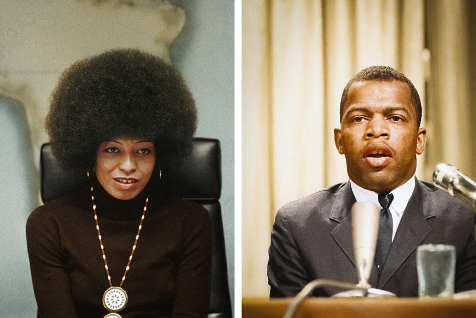 A split image of colourised photos of Angela Davis and John Lewis