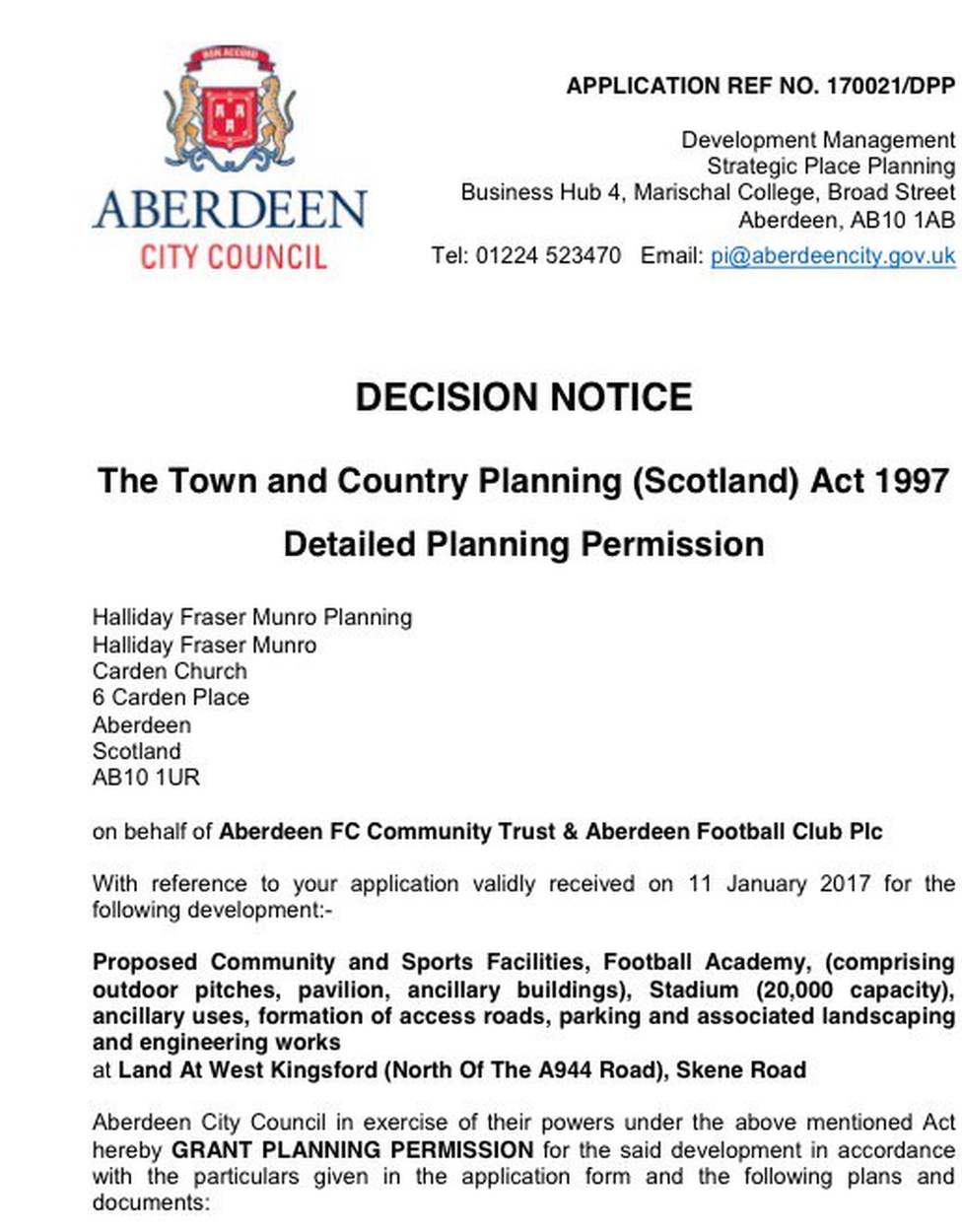 Aberdeen FC planning permission