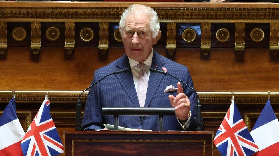 King Charles giving a speech in the French Senate