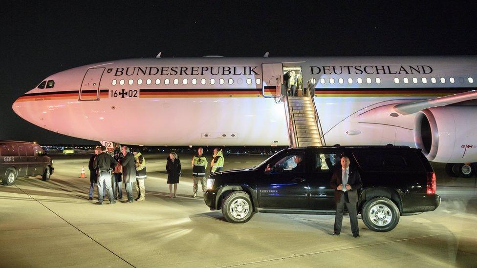 German Air Force plane Airbus A340 sits on the tarmac after the arrival of German Chancellor Angela Merkel at Washington Dulles International Airport 16 March 2017