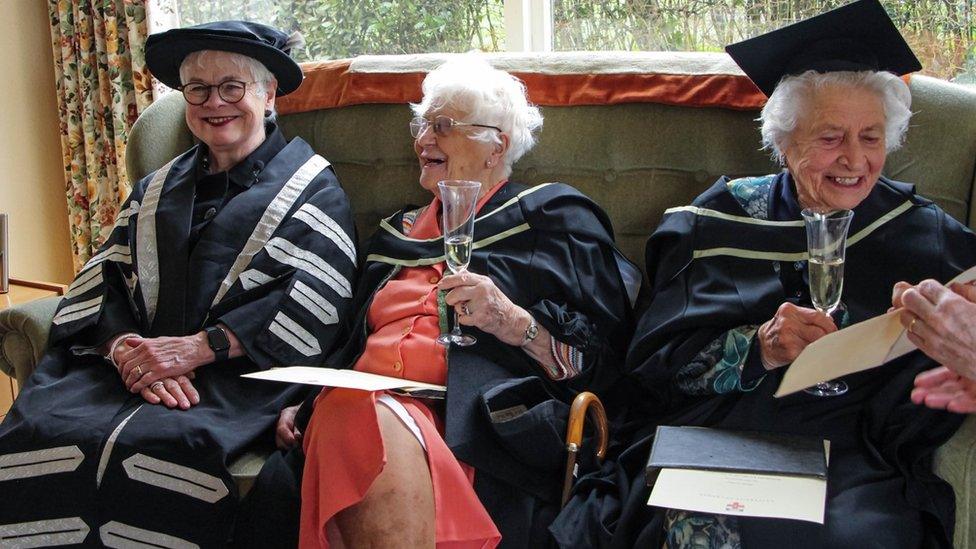 - L-R: Professor Mary Stiasny (University of London), Madge Brown and Sheila Gordon