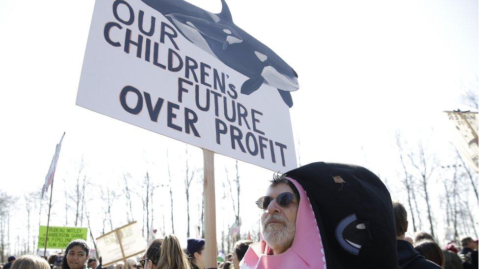 People demonstrate against the expansion of the Trans Mountain pipeline project in Burnaby