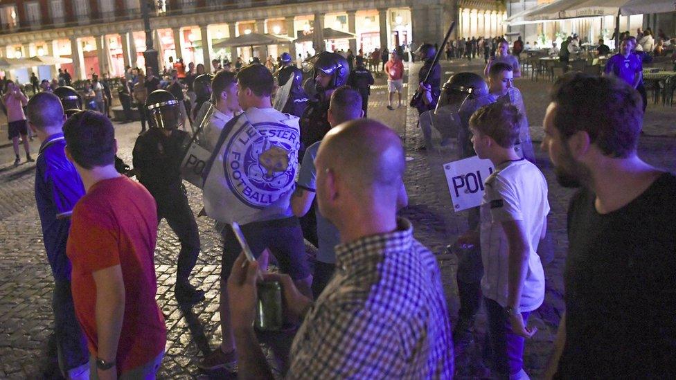 Leicester fans in Plaza Major