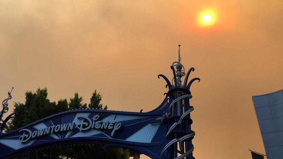 Disney theme park 'downtown' sign and orange sky