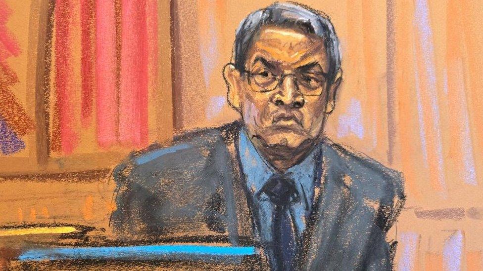 Former Honduras President Juan Orlando Hernandez testifies before U.S. District Judge Kevin Castel during his trial on U.S. drug trafficking charges in federal court in the Manhattan borough of New York City, U.S., March 5, 2024 in this courtroom sketch.