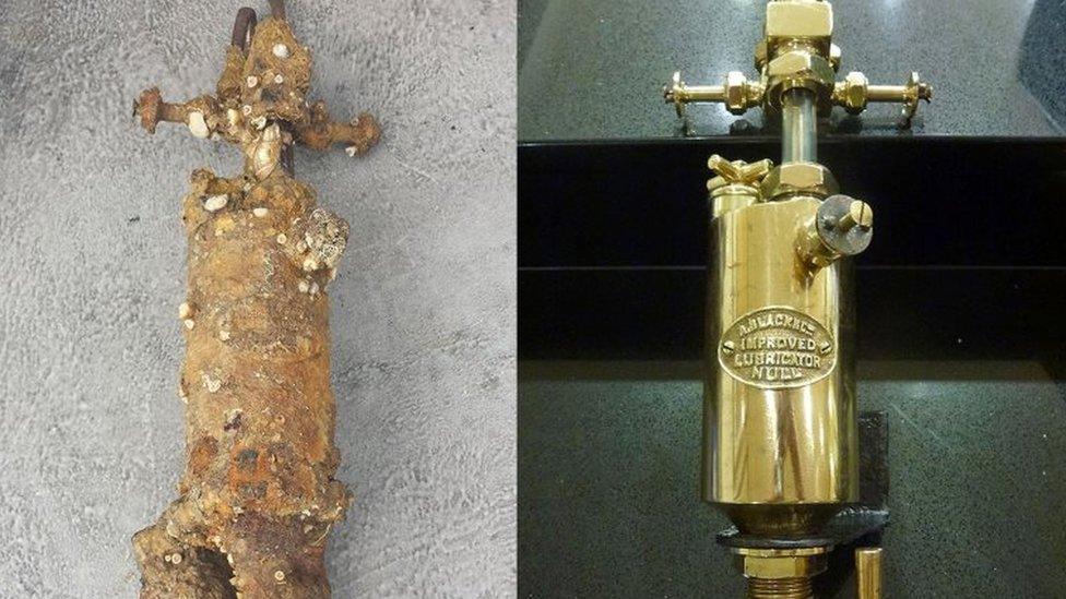 Brass lubricator from the wreck of the Arfon (left) next to a pristine ship's lubricator