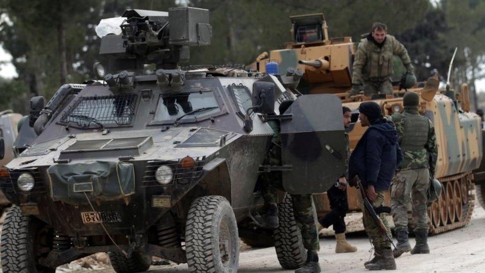 Turkish forces and members of the Free Syrian Army are seen at the al Baza'a village on the outskirts of al-Bab town in Syria on 4 February 2017.