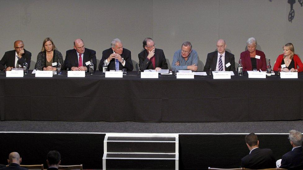 Members (L-R) Raju Bhatt, Sarah Tyacke, Paul Leighton CBE, Peter Sissons, Bishop of Liverpool The Right Reverend James Jones (Chairman), Professor Phil Scraton, Dr Bill Kirkup CBE, Christine Gifford and Katy Jones answer questions at a press conference