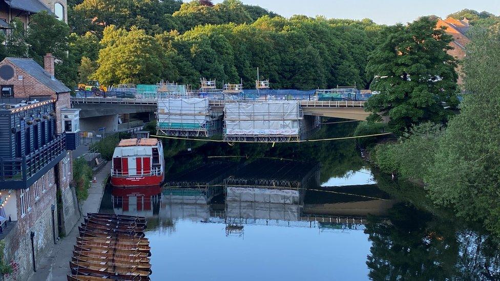 The bridge covered in scaffolding