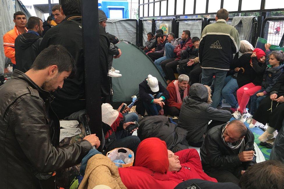 Group of Syrian refugees in a camp in Samos, Greece