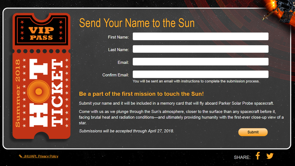 Form on Nasa website for sending your name to the Sun