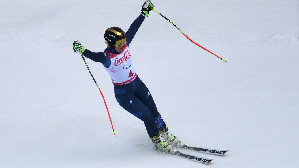 Millie Knight of Great Britain celebrates after finishing 2nd in the Visually Impaired Women's Downhill during day one of the PyeongChang 2018 Paralympic Games on March 10, 2018 in Pyeongchang-gun, South Korea